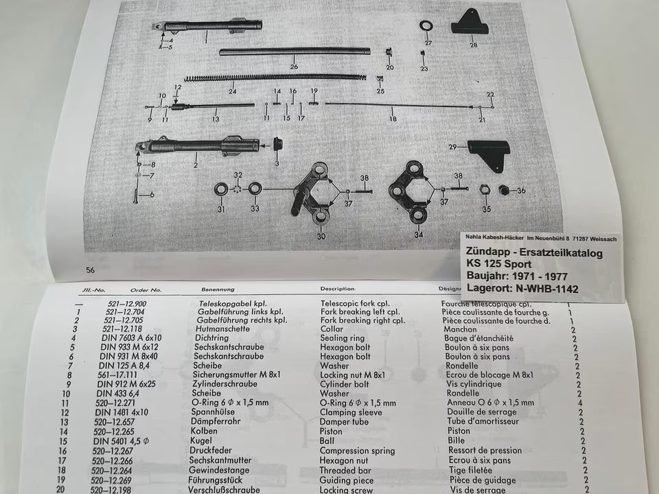 Ersatzteilkatalog Zündapp KS125 KS 125 Sport Typen 521 Bj. 1971 - 1977 Ersatzteilliste