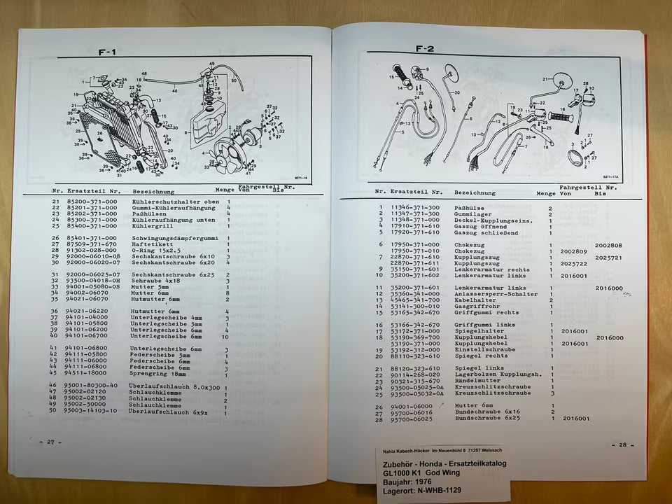 Ersatzteilkatalog GL1000 GL 1000 K1 Gold Wing Bj. 1976 Honda Ersatzteilliste