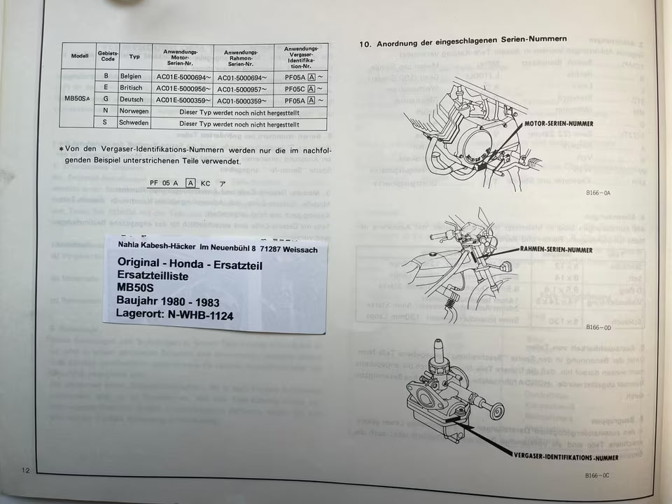 Ersatzteilkatalog MB50S MB 50 S Baujahr 1980 - 1983 Honda Ersatzteilliste