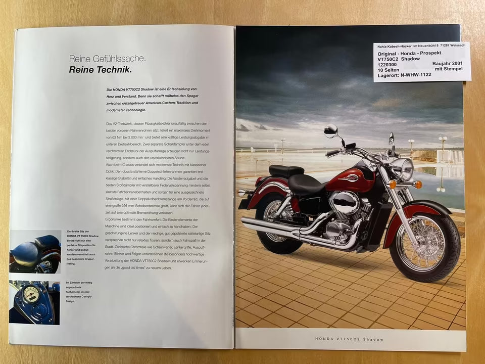 Prospekt Honda VT750C2 VT 750 C2 Shadow Baujahr 2001 + Aufkleber