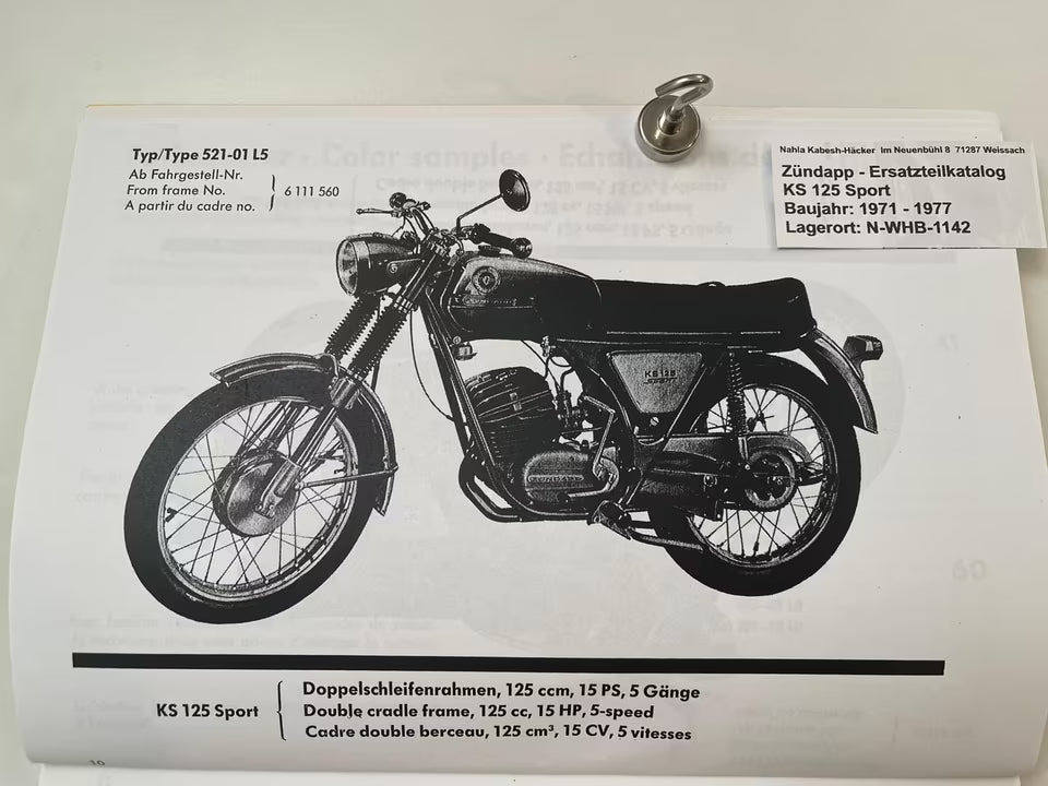 Ersatzteilkatalog Zündapp KS125 KS 125 Sport Typen 521 Bj. 1971 - 1977 Ersatzteilliste