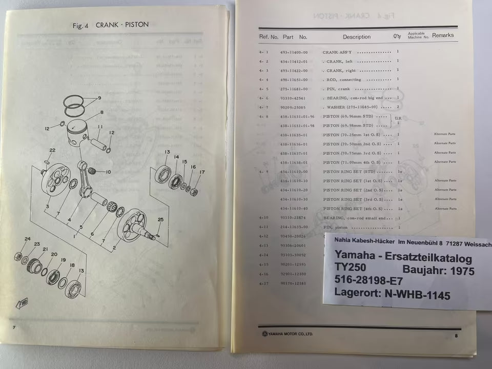 Ersatzteilkatalog TY250 TY 250 Typ 516 Baujahr 1978 Yamaha Ersatzteilliste