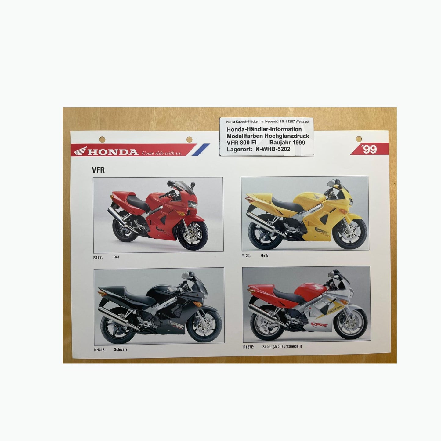 VFR800FI VFR 800 FI Baujahr 1999 - Honda Original Farbchart Prospekt