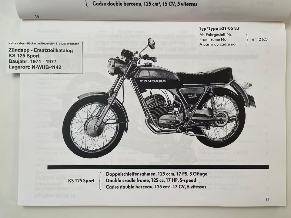 Ersatzteilkatalog Zündapp KS125 KS 125 Sport Typen 521 Bj. 1971 - 1977 Ersatzteilliste