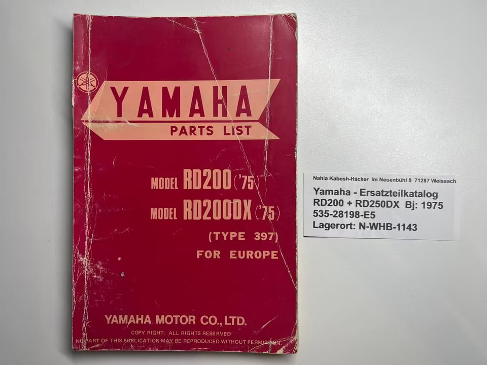 Ersatzteilkatalog RD200 RD 200 DX Typ 397 Baujahr 1975 Yamaha Ersatzteilliste