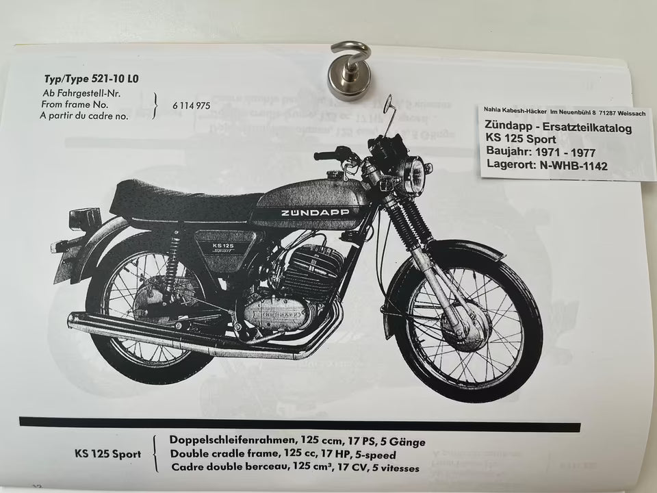 Ersatzteilkatalog Zündapp KS125 KS 125 Sport Typen 521 Bj. 1971 - 1977 Ersatzteilliste
