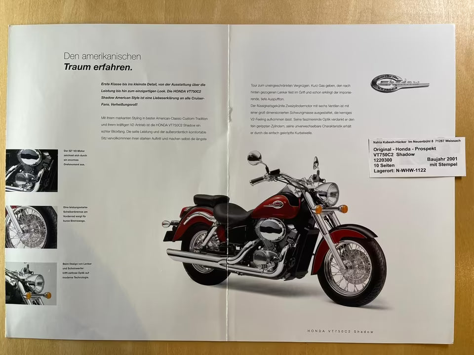 Prospekt Honda VT750C2 VT 750 C2 Shadow Baujahr 2001 + Aufkleber