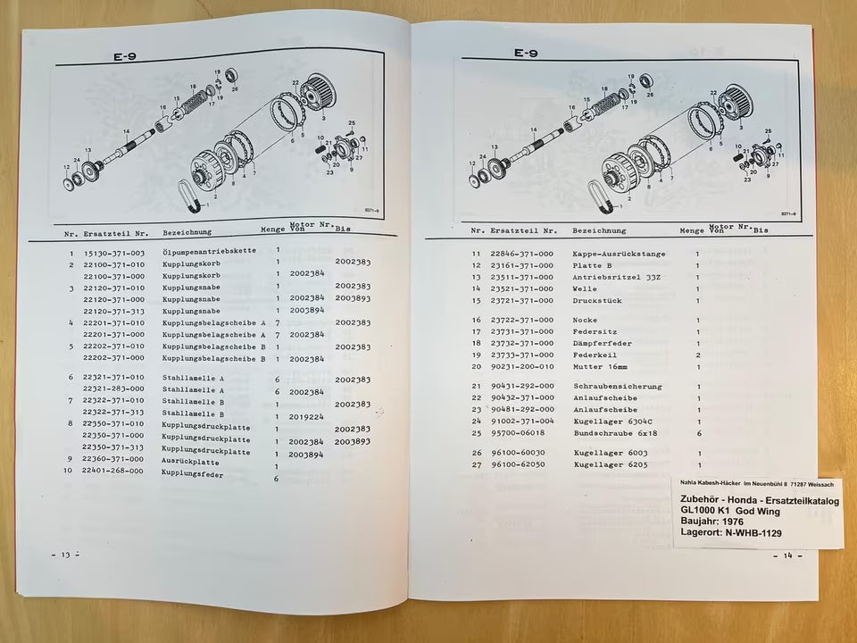 Ersatzteilkatalog GL1000 GL 1000 K1 Gold Wing Bj. 1976 Honda Ersatzteilliste
