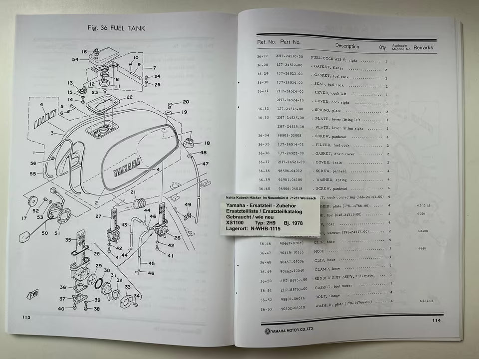 Ersatzteilkatalog  XS1100 XS 1100 2H9 Baujahr 1978 Yamaha Ersatzteilliste