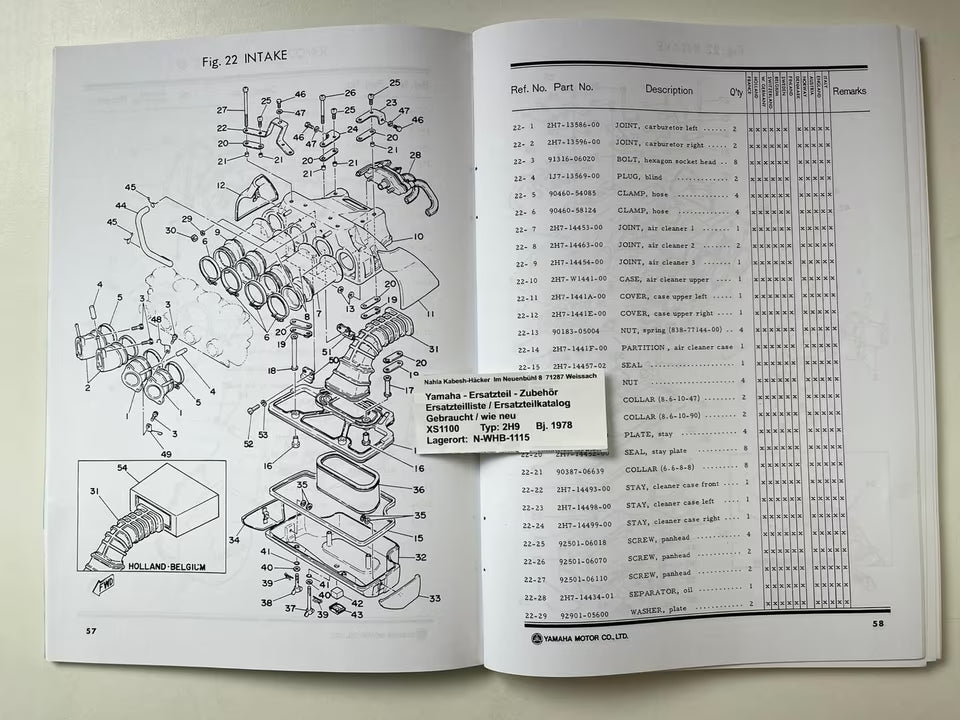 Ersatzteilkatalog  XS1100 XS 1100 2H9 Baujahr 1978 Yamaha Ersatzteilliste