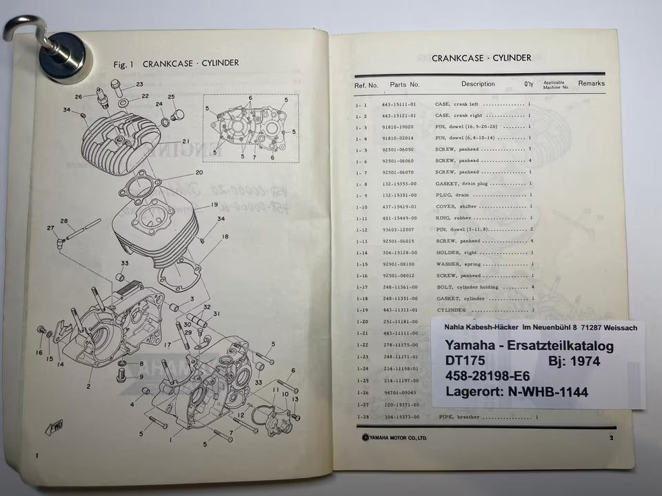 Ersatzteilkatalog DT175 DT 175 Typ CT1 Baujahr 1974 Yamaha Ersatzteilliste