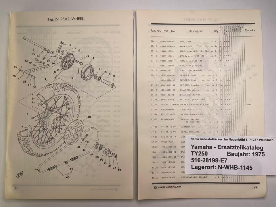 Ersatzteilkatalog TY250 TY 250 Typ 516 Baujahr 1978 Yamaha Ersatzteilliste