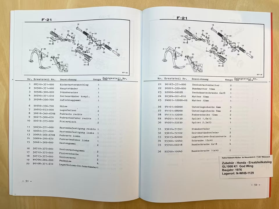 Ersatzteilkatalog GL1000 GL 1000 K1 Gold Wing Bj. 1976 Honda Ersatzteilliste