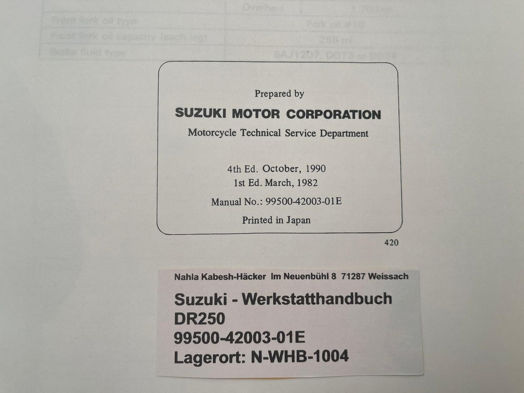 Werkstatthandbuch Suzuki DR250 DR 250 Bj. 1981 - 1987