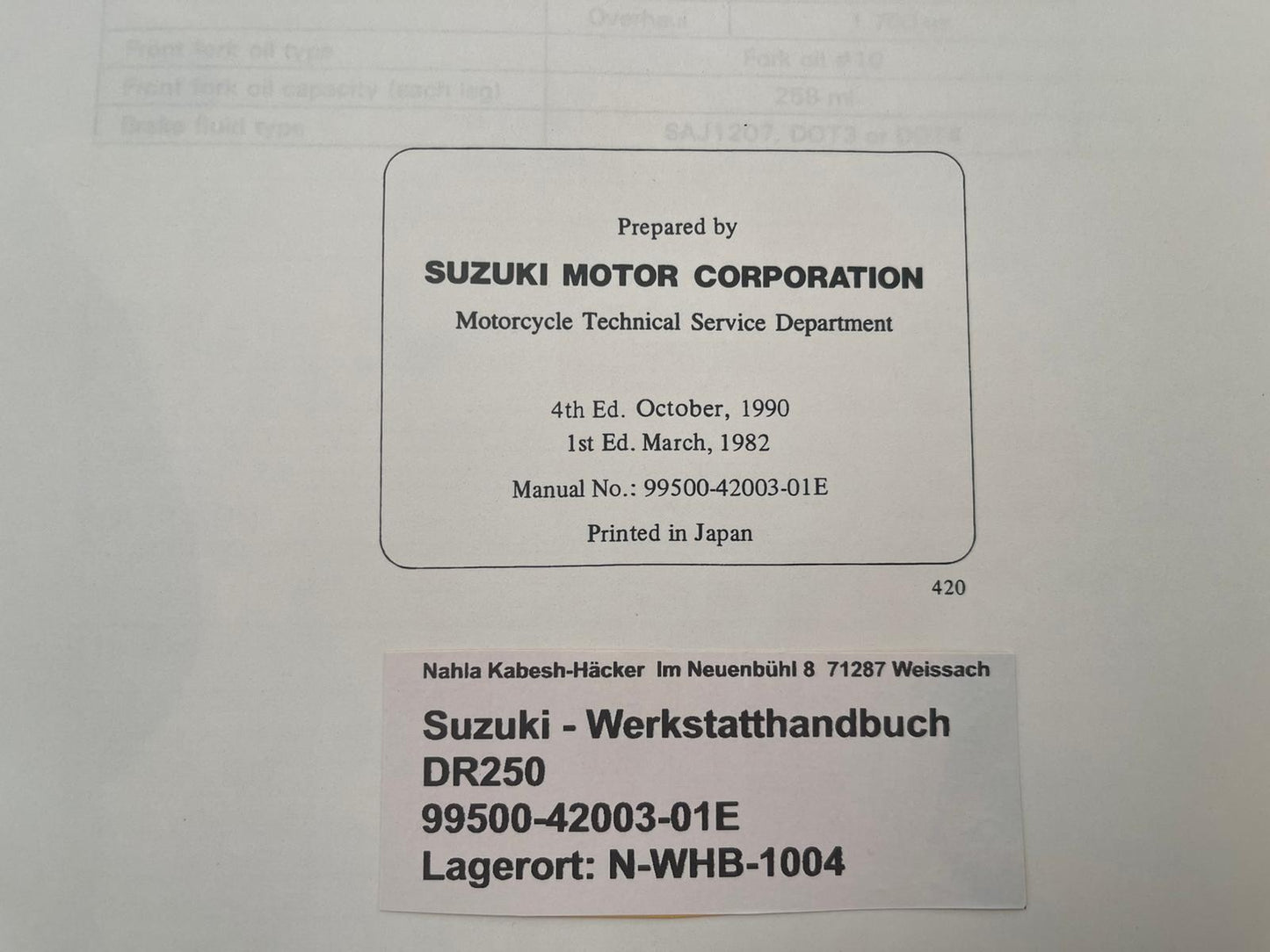 Werkstatthandbuch Suzuki DR250 DR 250 Bj. 1981 - 1987