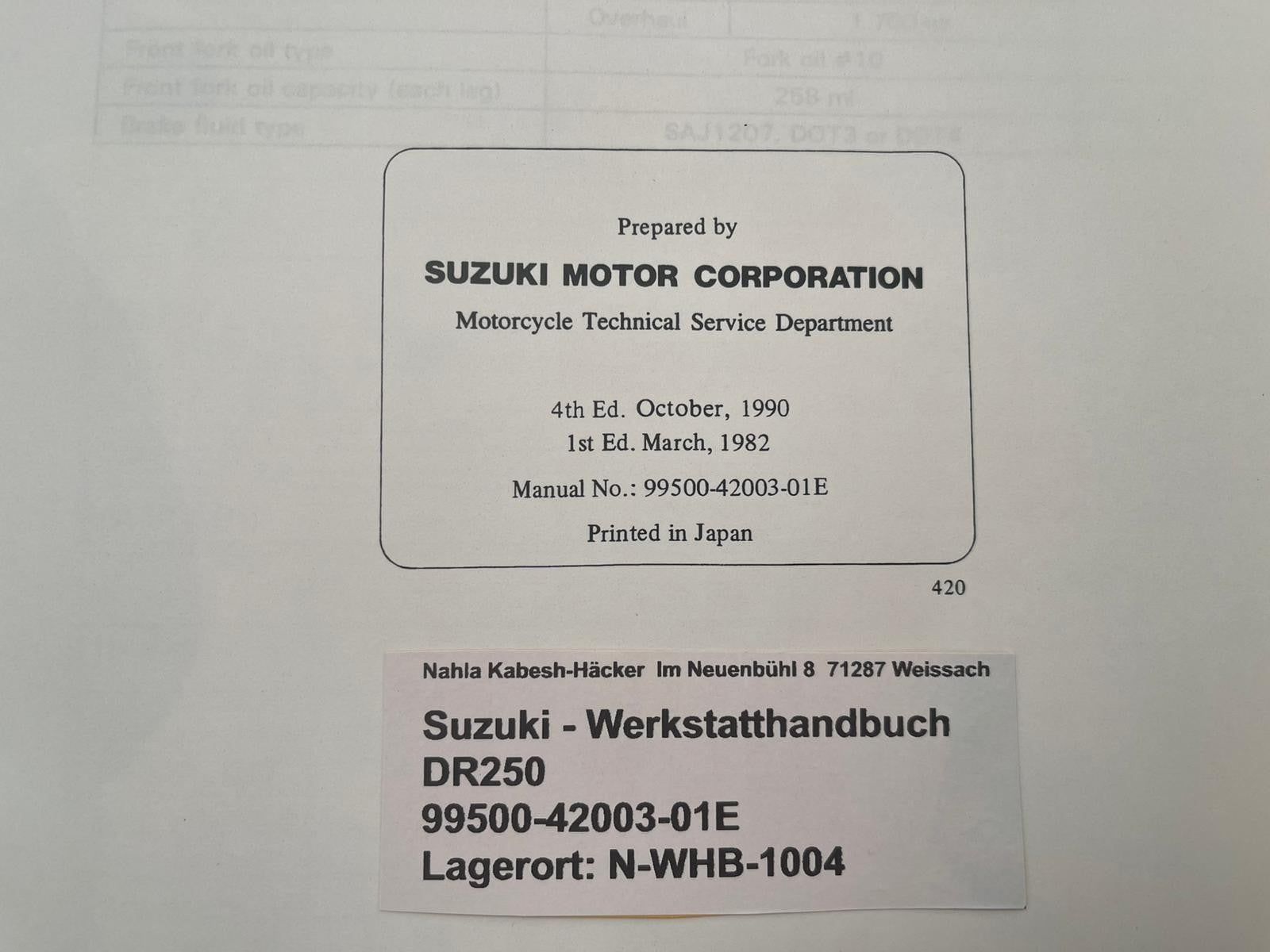 Werkstatthandbuch Suzuki DR250 DR 250 Bj. 1981 - 1987