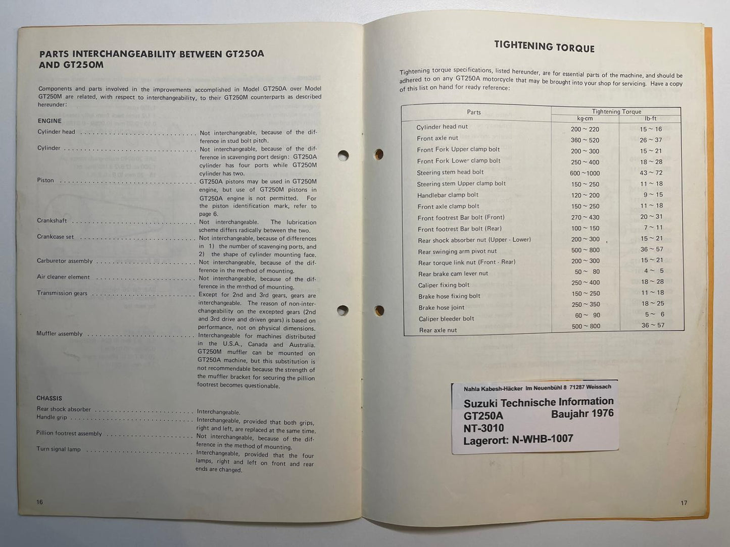 Werkstatthandbuch Bulletin Suzuki GT250 A Bj. 1976 50 Jahre sehr selten