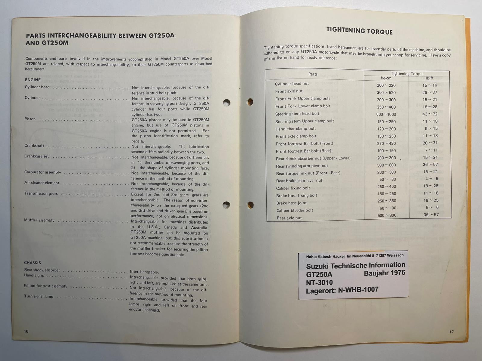 Werkstatthandbuch Bulletin Suzuki GT250 A Bj. 1976 50 Jahre sehr selten