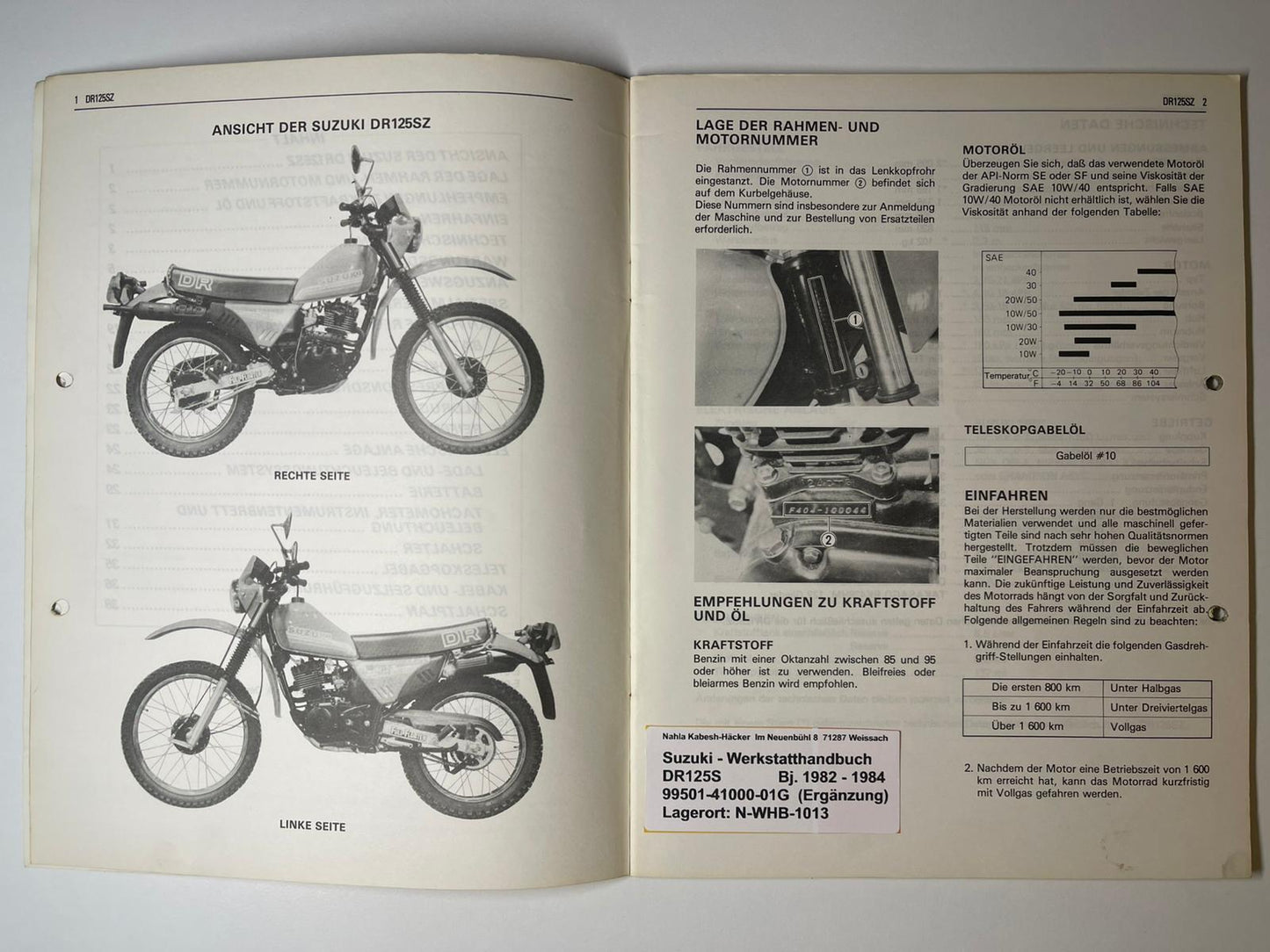 Werkstatthandbuch Ergänzung Suzuki DR125S DR 125 S Bj. 1982 - 1984