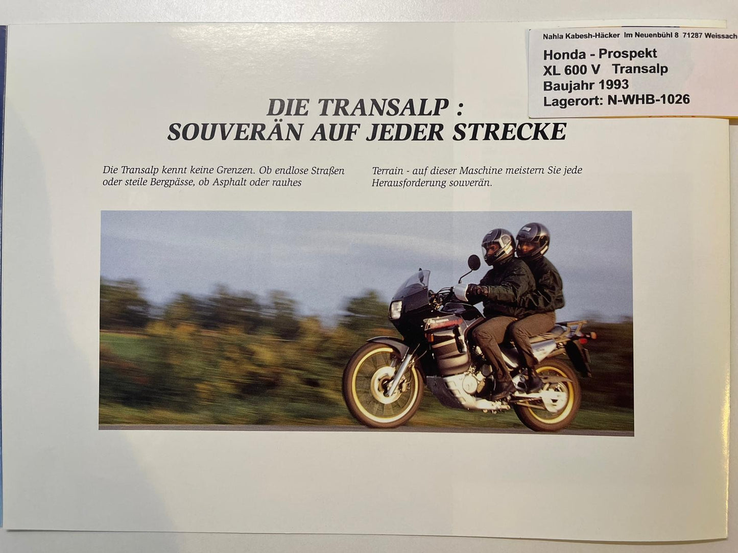 Prospekt Honda XL600V XL 600 V Transalp Bj. 1993 + Aufkleber