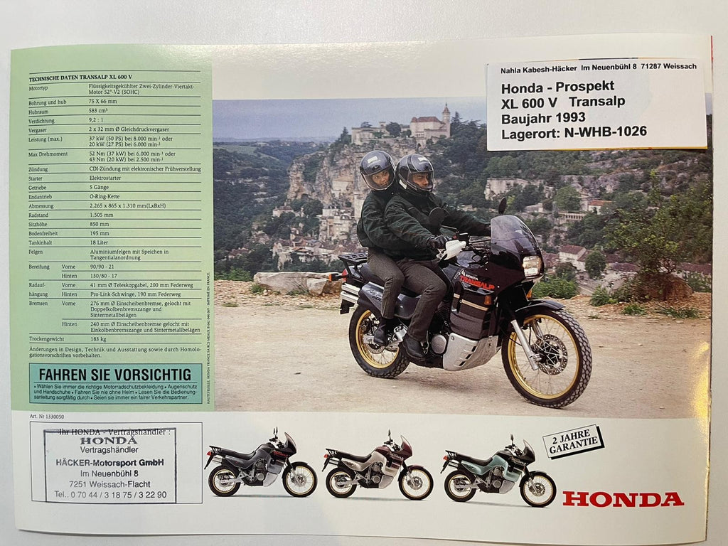 Prospekt Honda XL600V XL 600 V Transalp Bj. 1993 + Aufkleber