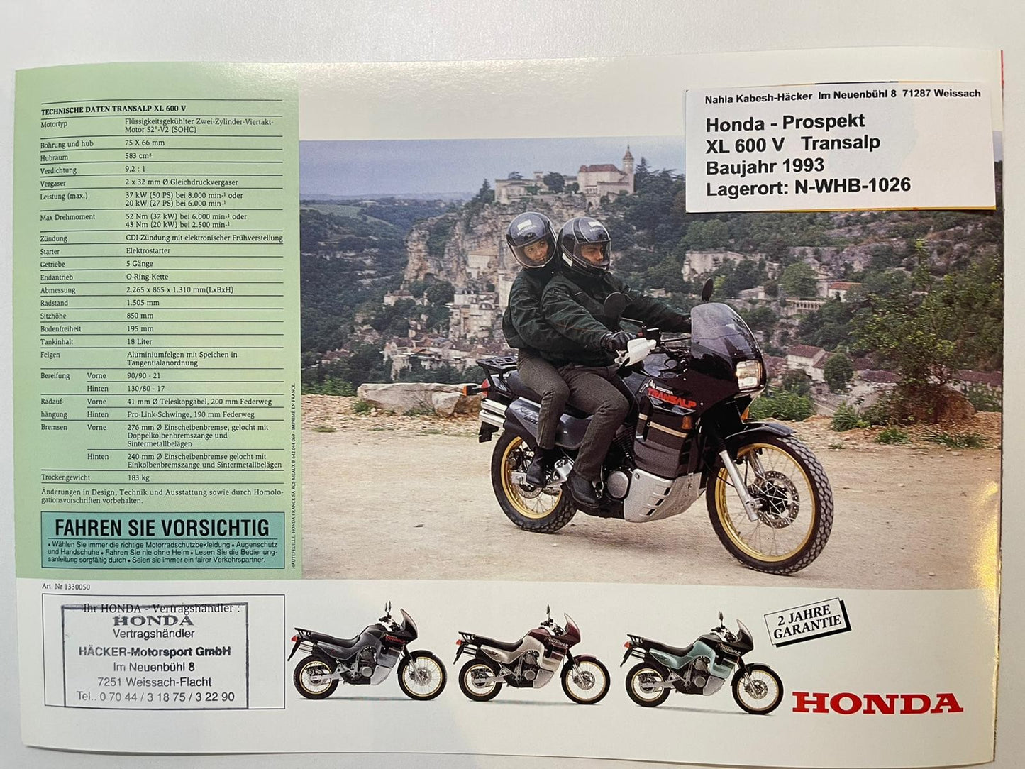 Prospekt Honda XL600V XL 600 V Transalp Bj. 1993 + Aufkleber