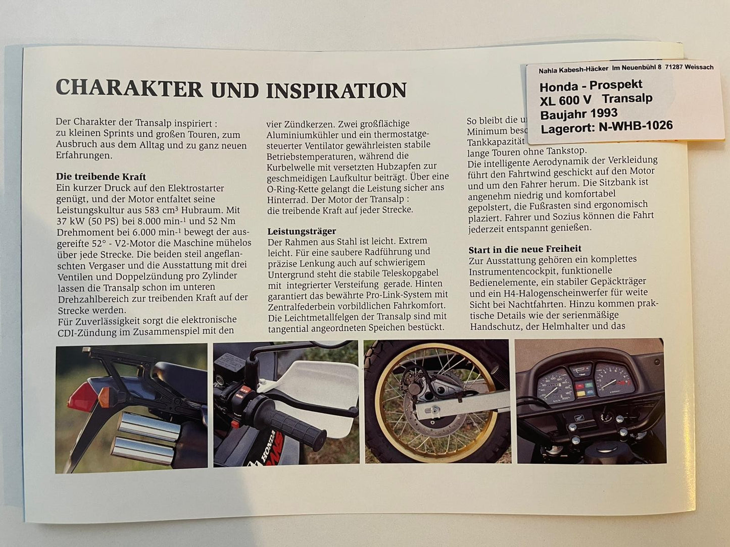 Prospekt Honda XL600V XL 600 V Transalp Bj. 1993 + Aufkleber