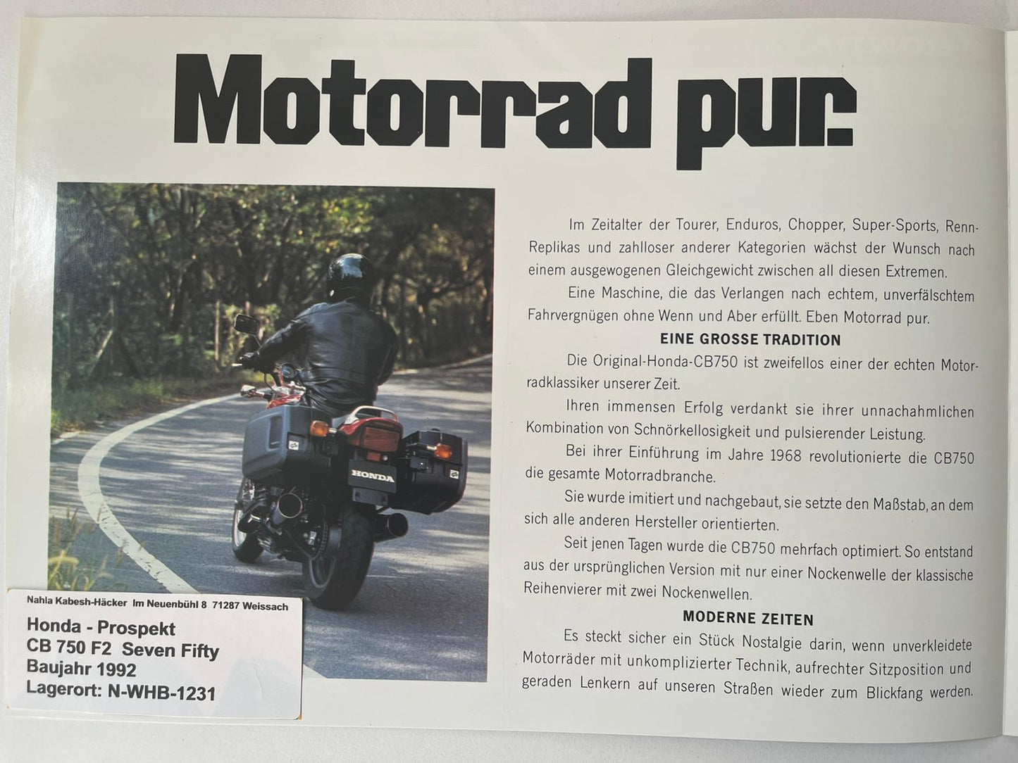 Prospekt Honda CB750F2 Seven Fifty Bj. 1992 + Aufkleber
