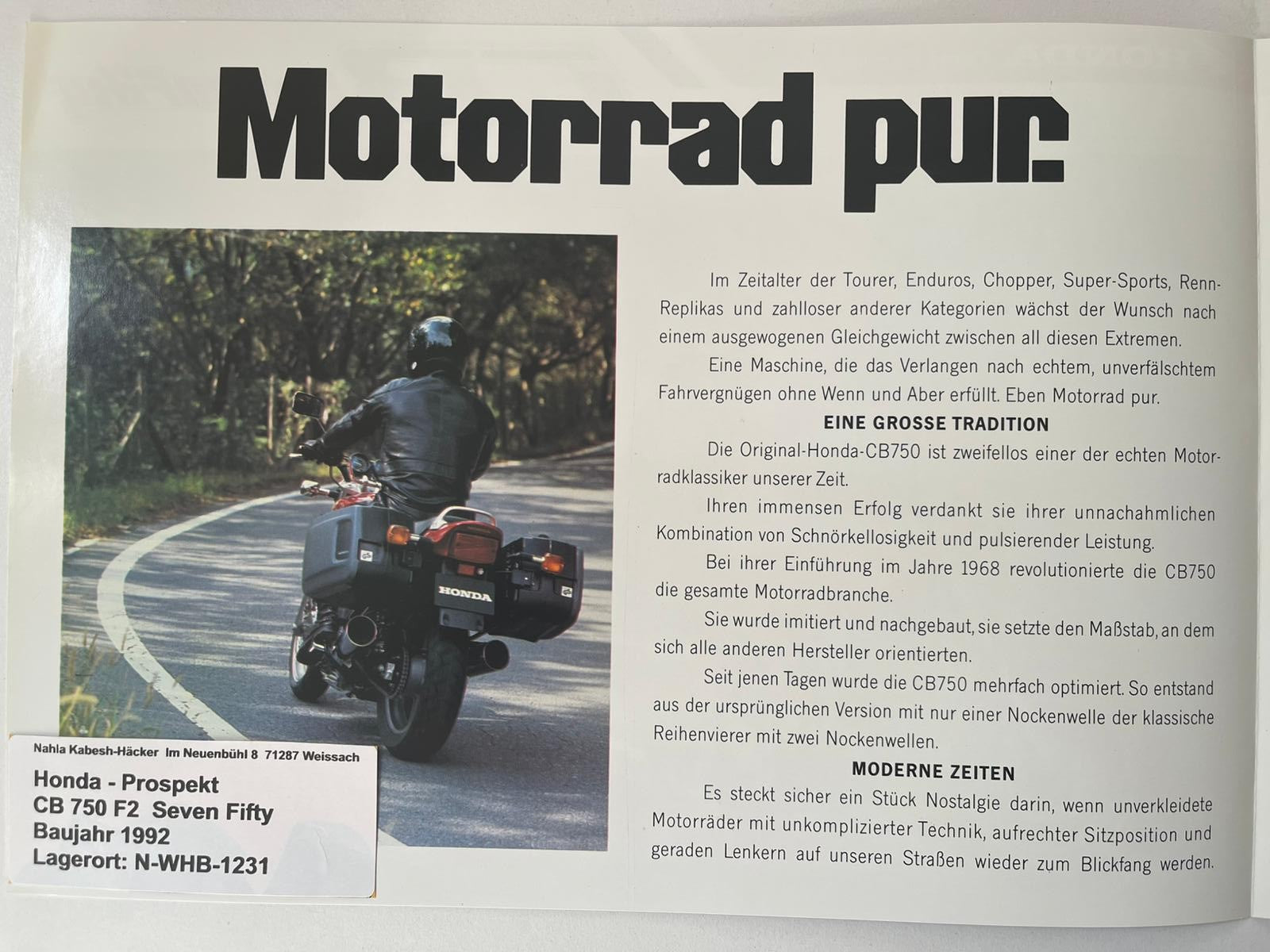 Prospekt Honda CB750F2 Seven Fifty Bj. 1992 + Aufkleber