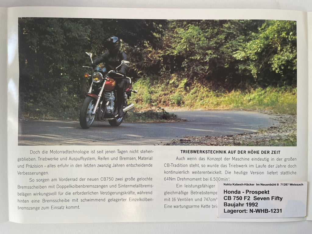 Prospekt Honda CB750F2 Seven Fifty Bj. 1992 + Aufkleber