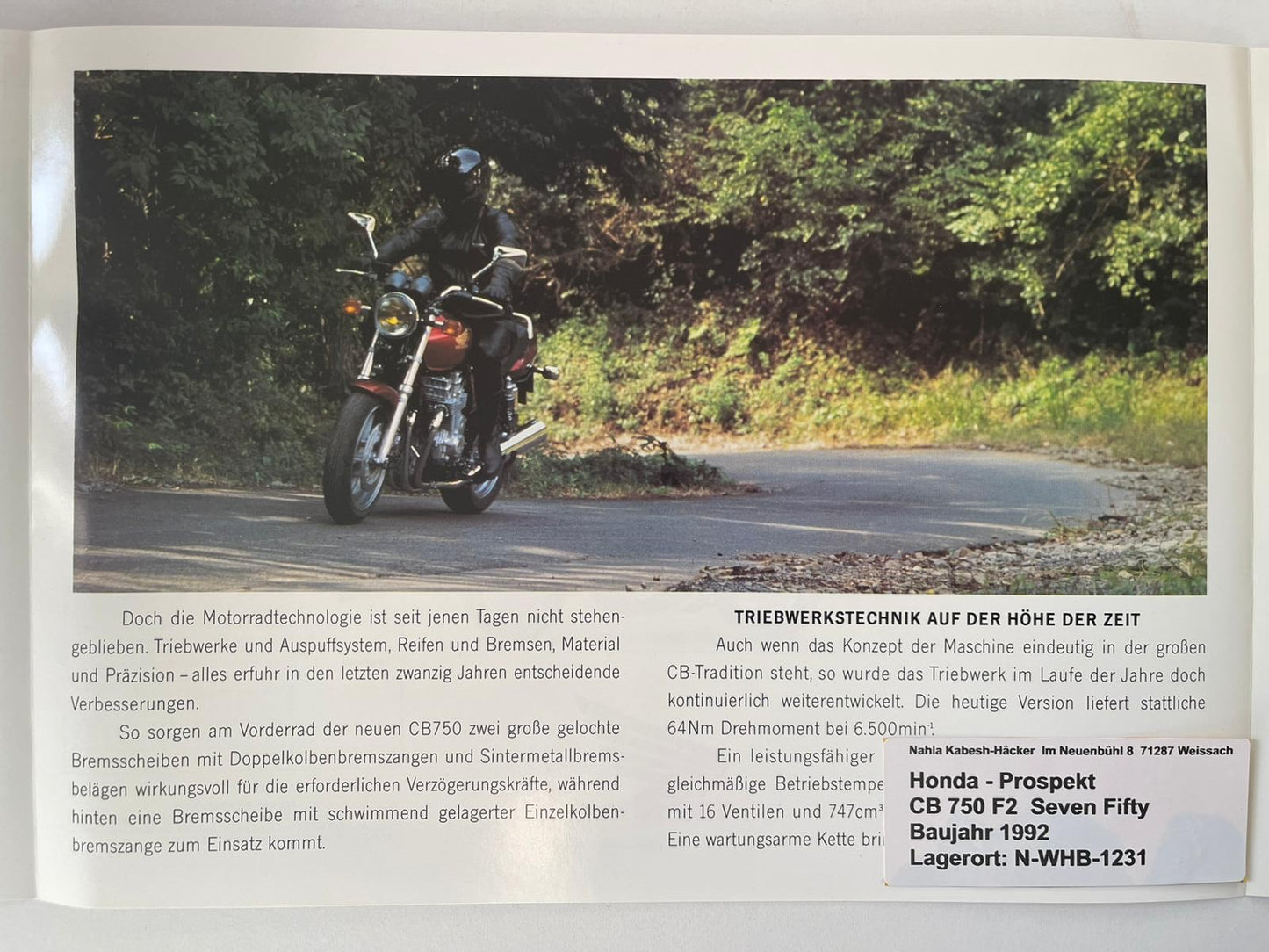 Prospekt Honda CB750F2 Seven Fifty Bj. 1992 + Aufkleber