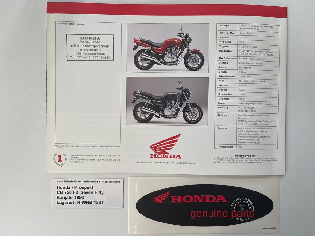 Prospekt Honda CB750F2 Seven Fifty Bj. 1992 + Aufkleber
