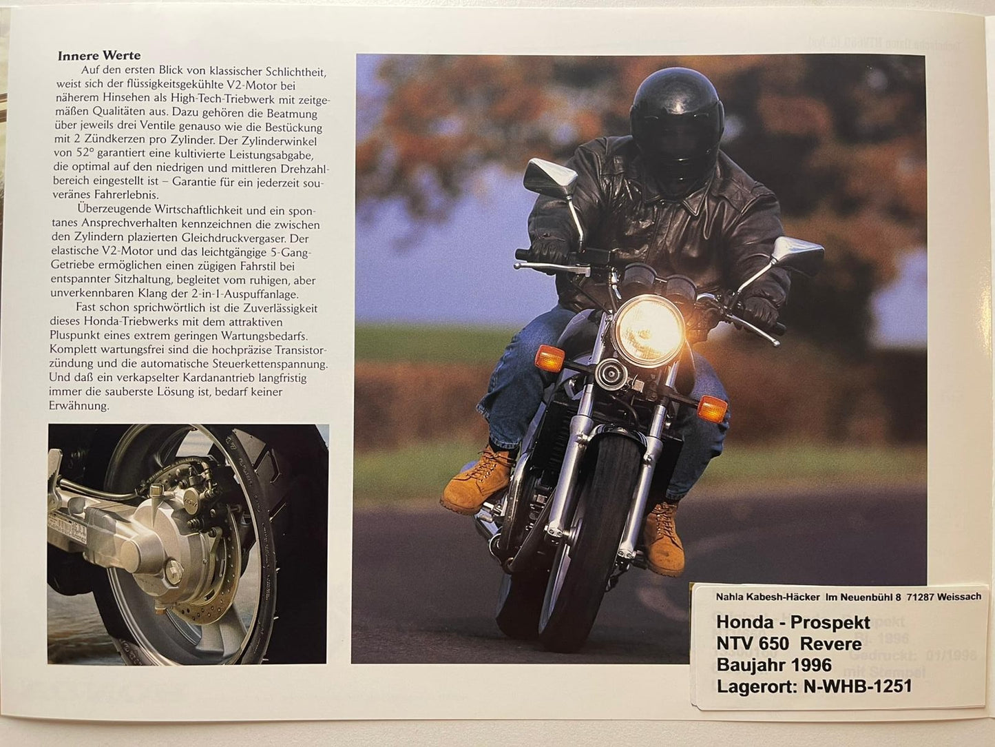 Prospekt Honda NTV650 NTV 650 Revere Baujahr 1996 + Aufkleber