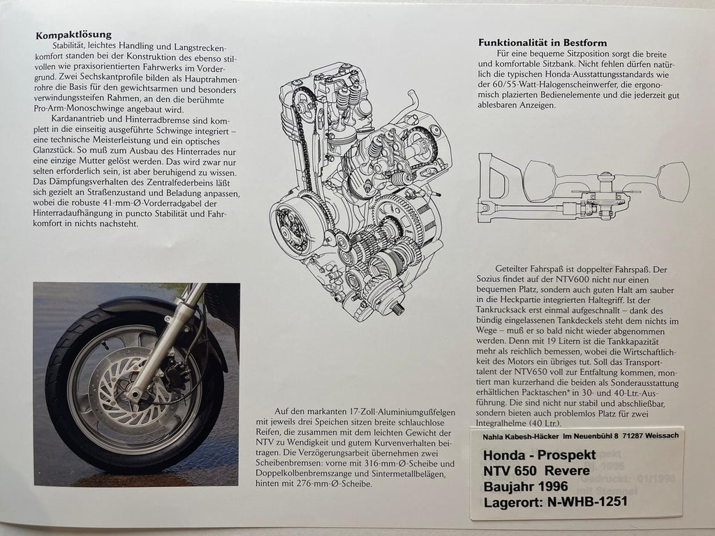 Prospekt Honda NTV650 NTV 650 Revere Baujahr 1996 + Aufkleber