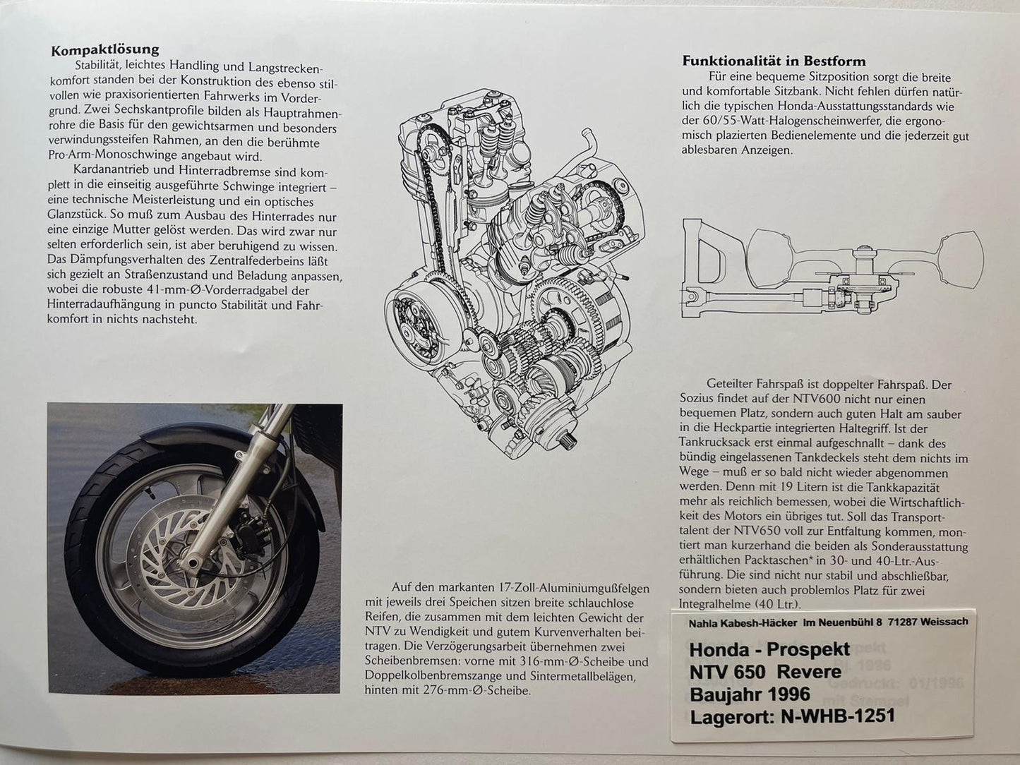 Prospekt Honda NTV650 NTV 650 Revere Baujahr 1996 + Aufkleber