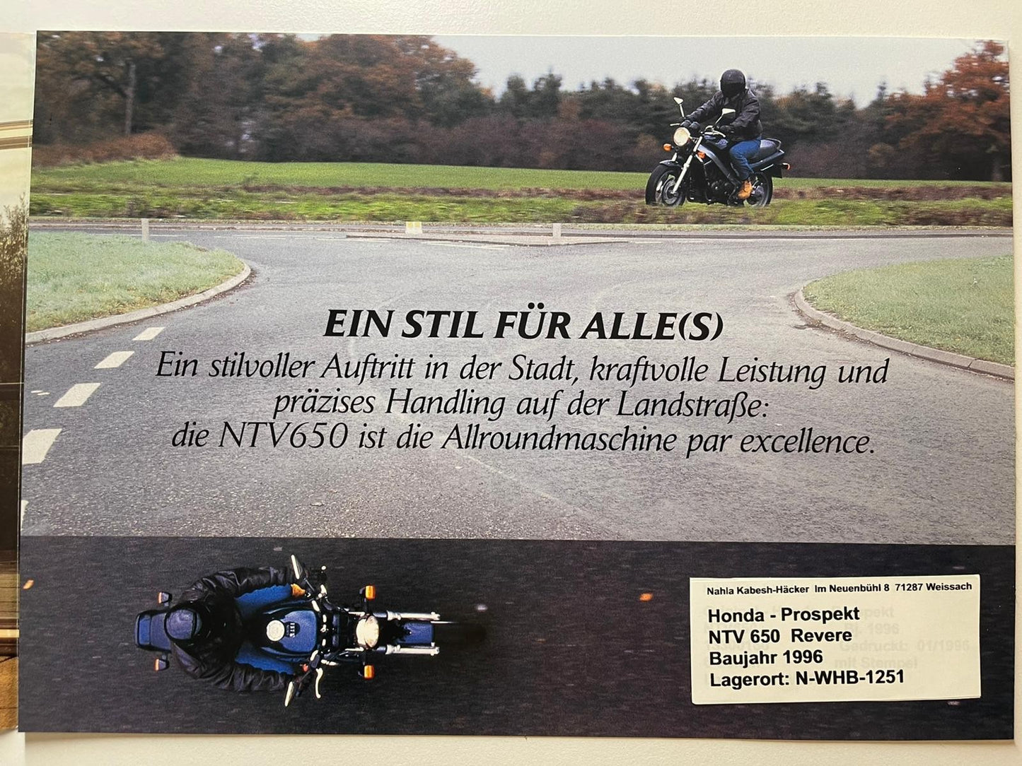 Prospekt Honda NTV650 NTV 650 Revere Baujahr 1996 + Aufkleber