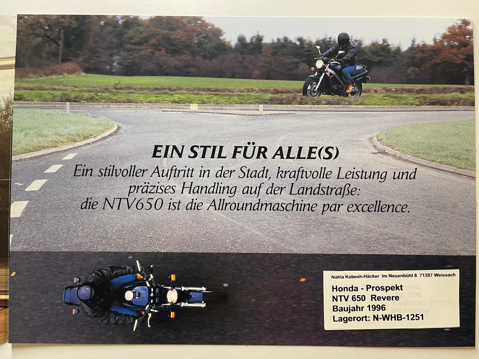 Prospekt Honda NTV650 NTV 650 Revere Baujahr 1996 + Aufkleber