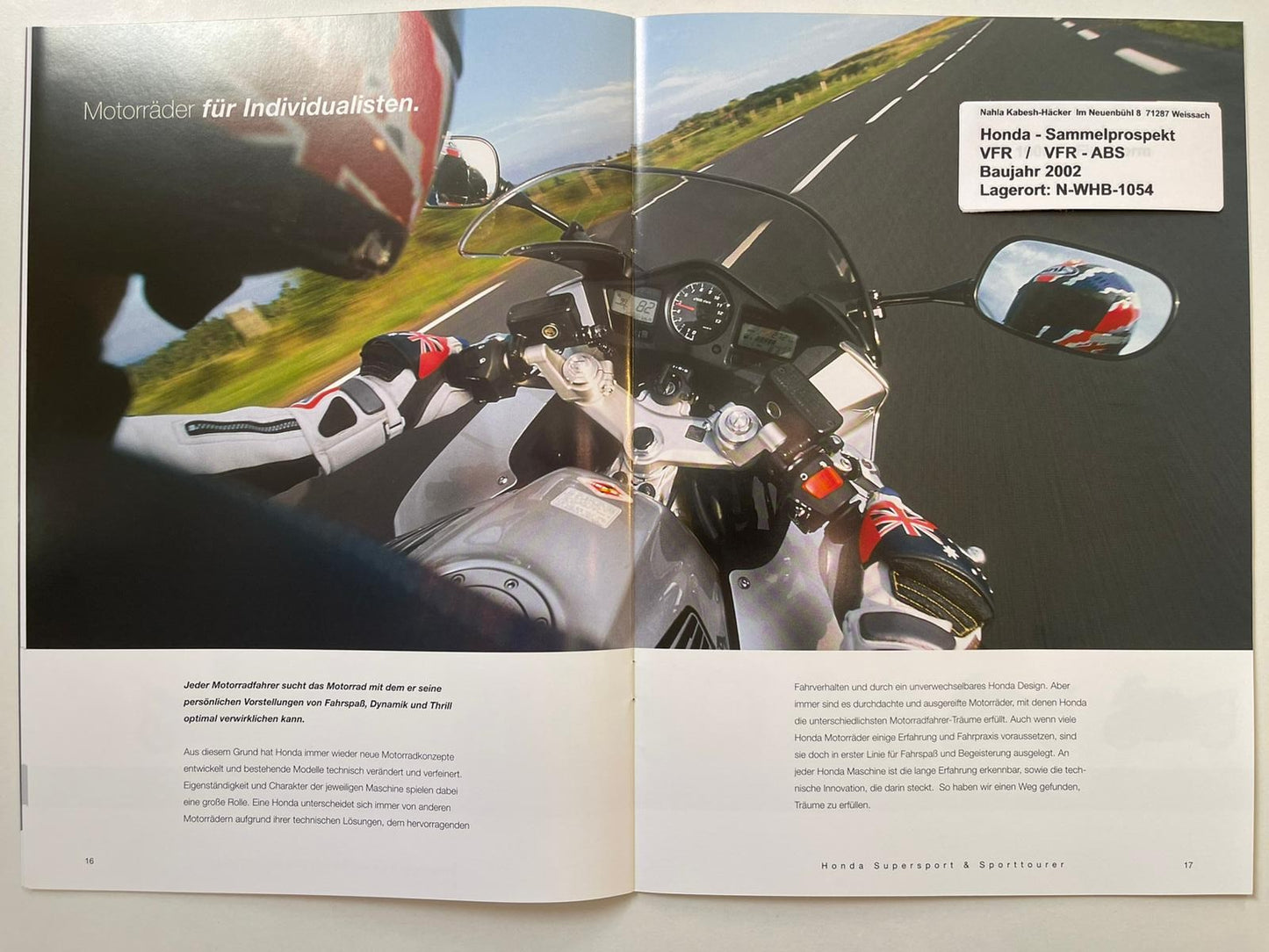 Sammel Prospekt Honda CBR900RR Fire Blade Bj. 2002 + Aufkleber
