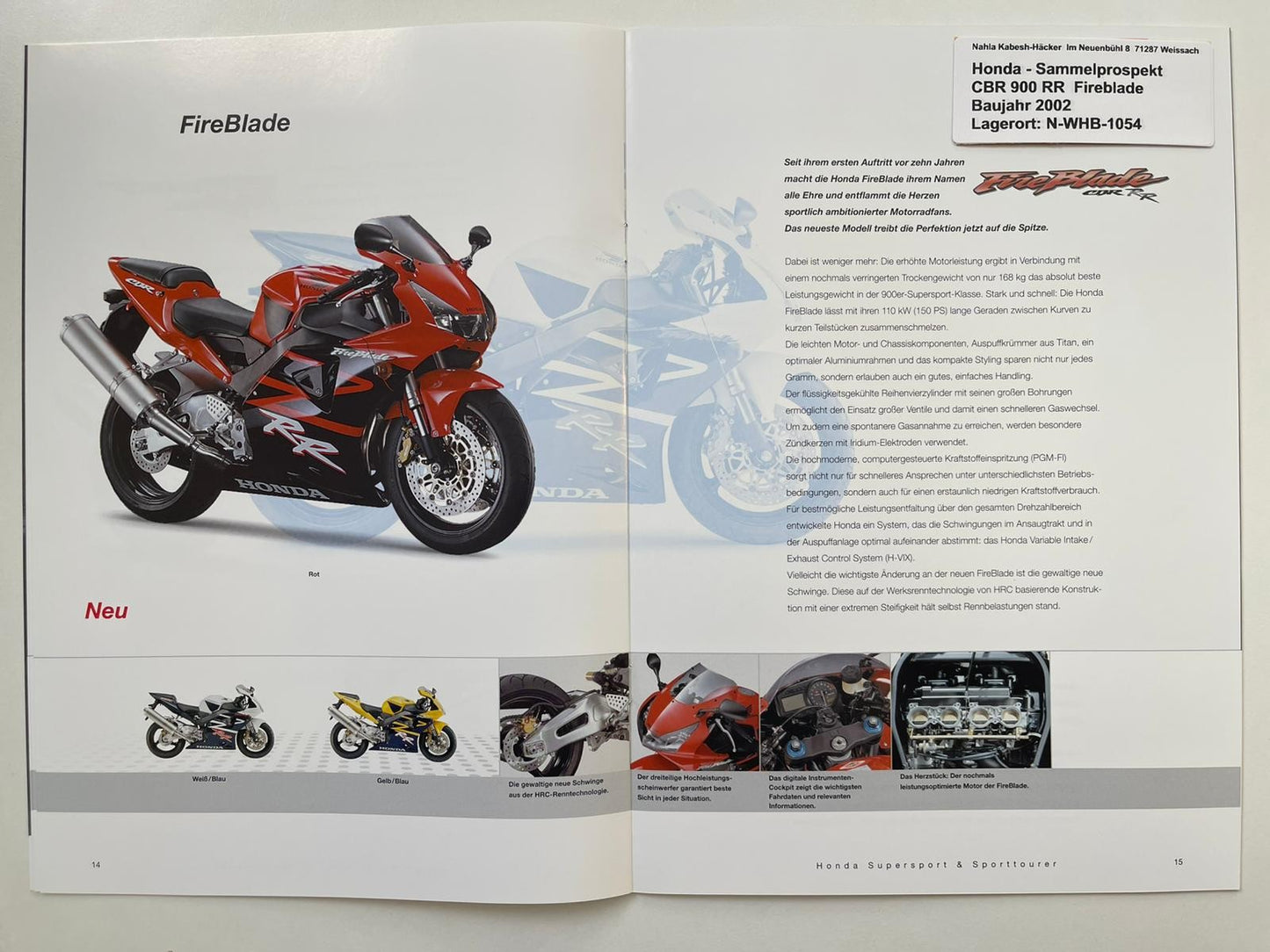 Sammel Prospekt Honda CBR900RR Fire Blade Bj. 2002 + Aufkleber