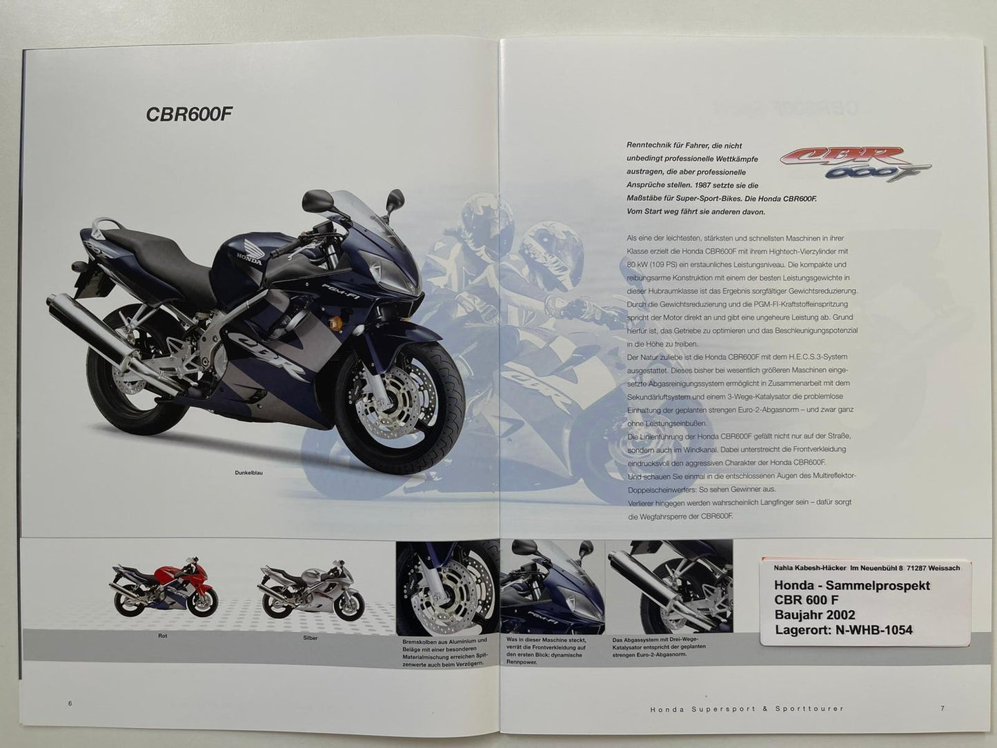 Sammel Prospekt Honda CBR900RR Fire Blade Bj. 2002 + Aufkleber