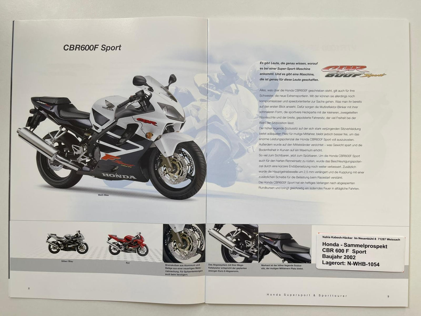 Sammel Prospekt Honda CBR900RR Fire Blade Bj. 2002 + Aufkleber