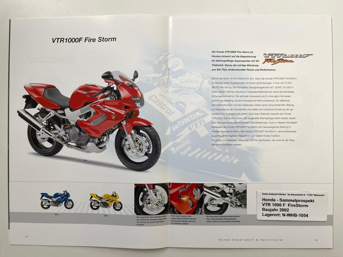 Sammel Prospekt Honda CBR900RR Fire Blade Bj. 2002 + Aufkleber