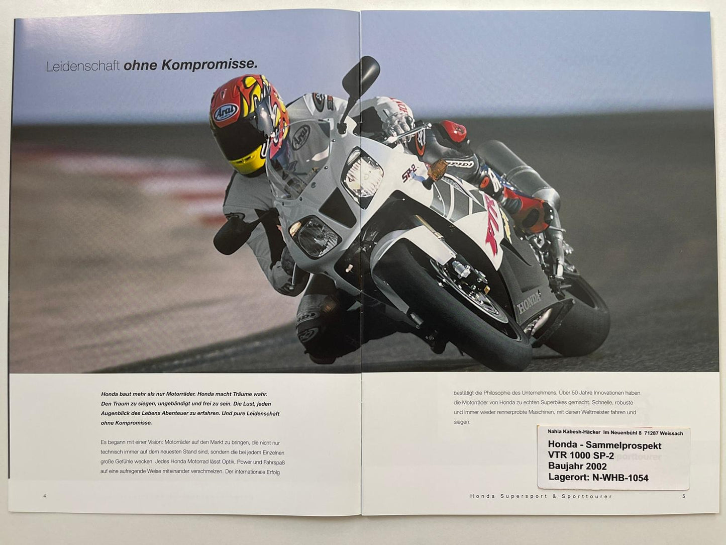 Sammel Prospekt Honda CBR900RR Fire Blade Bj. 2002 + Aufkleber