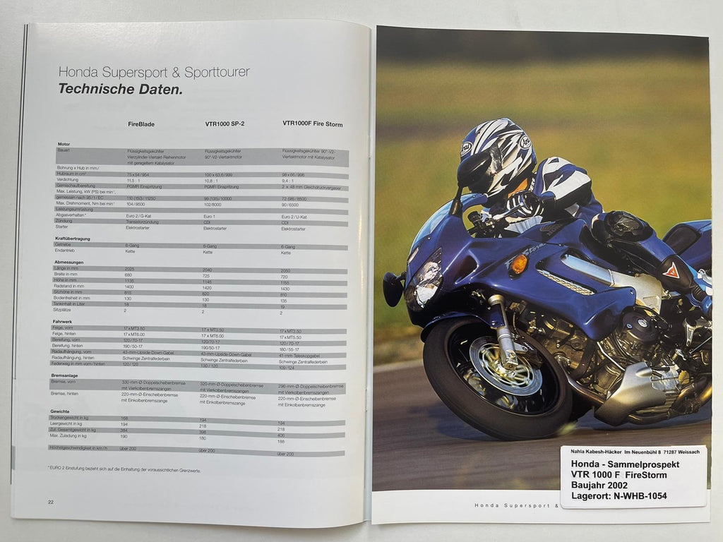 Sammel Prospekt Honda CBR900RR Fire Blade Bj. 2002 + Aufkleber
