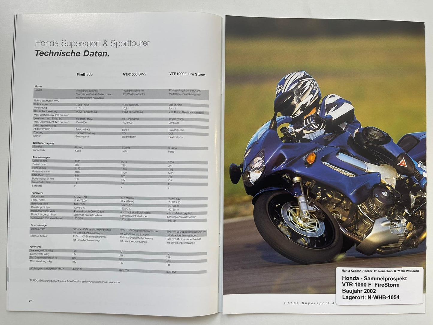 Sammel Prospekt Honda CBR900RR Fire Blade Bj. 2002 + Aufkleber