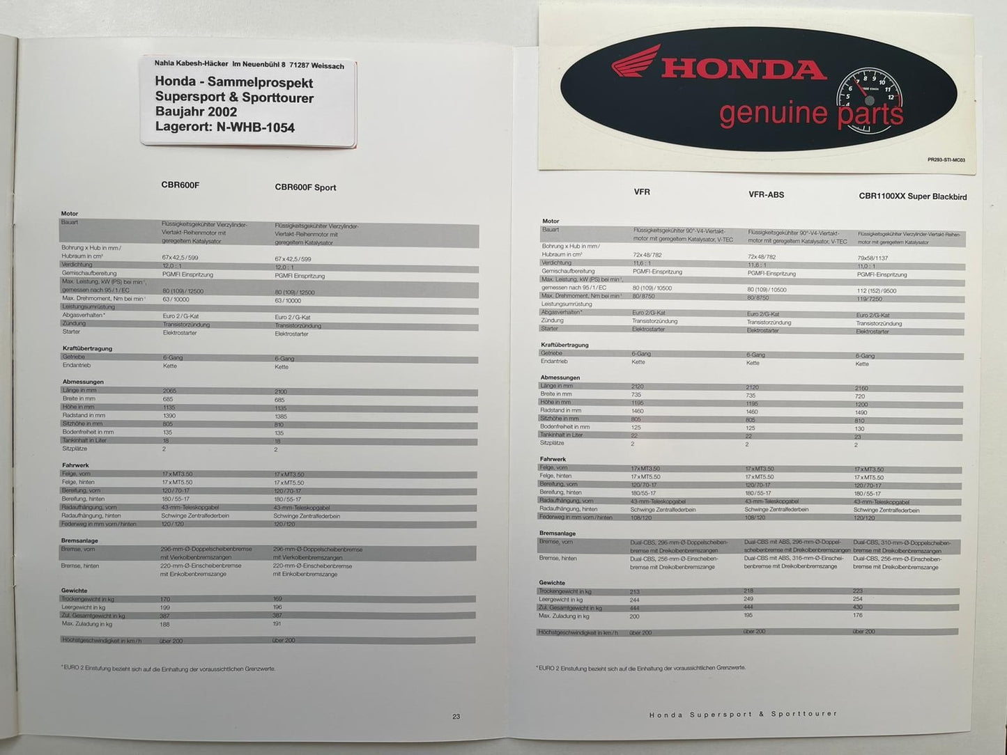 Sammel Prospekt Honda CBR900RR Fire Blade Bj. 2002 + Aufkleber