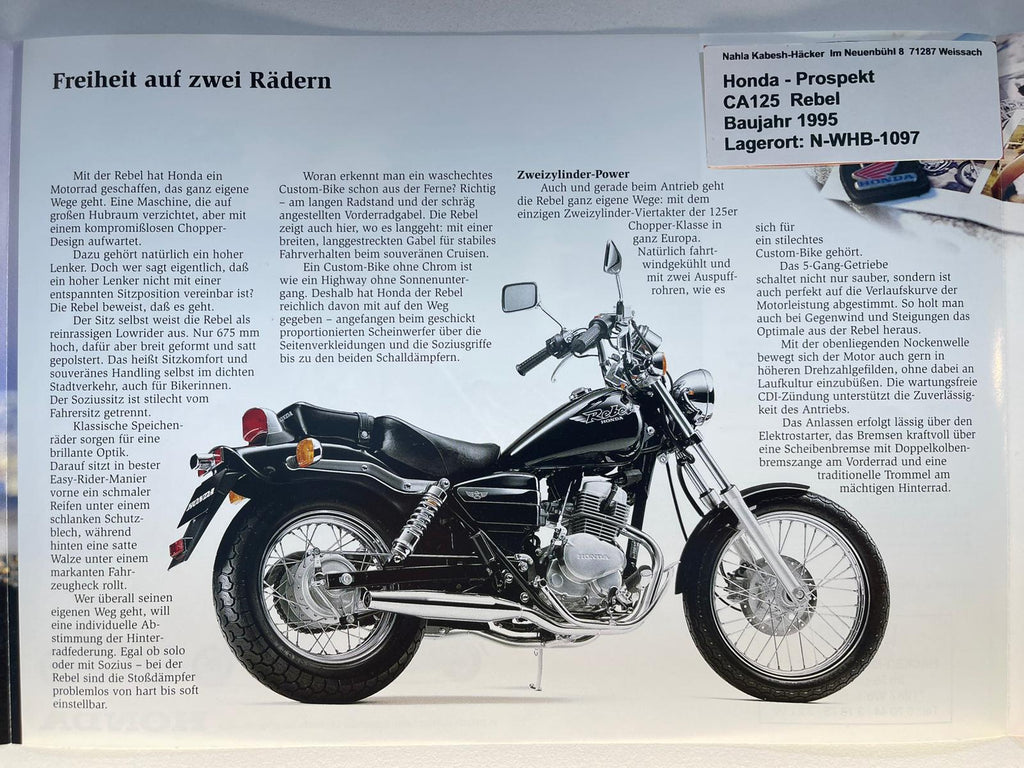 Prospekt Honda CA125 Rebel Bj. 1995 + Aufkleber