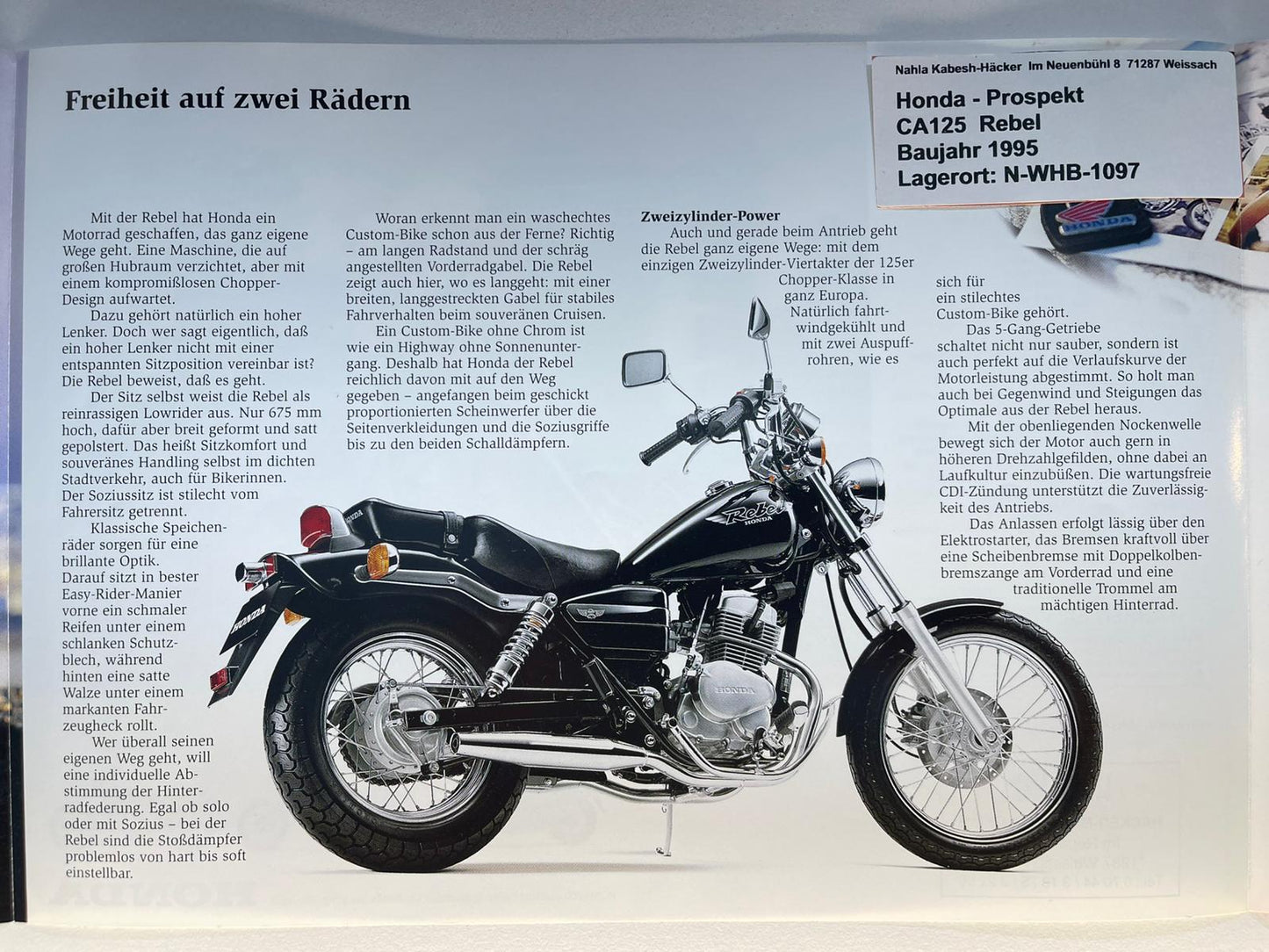 Prospekt Honda CA125 Rebel Bj. 1995 + Aufkleber