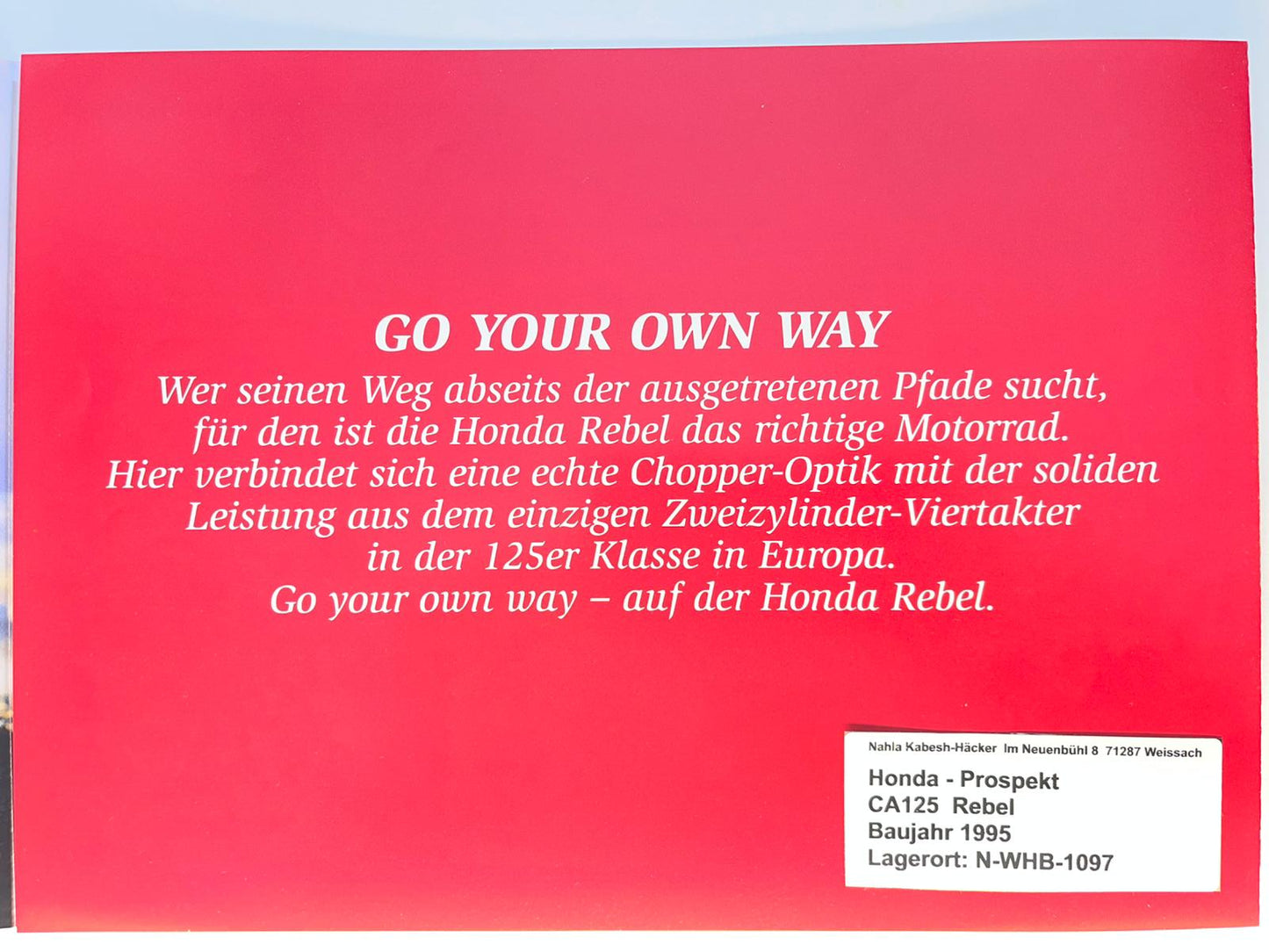Prospekt Honda CA125 Rebel Bj. 1995 + Aufkleber