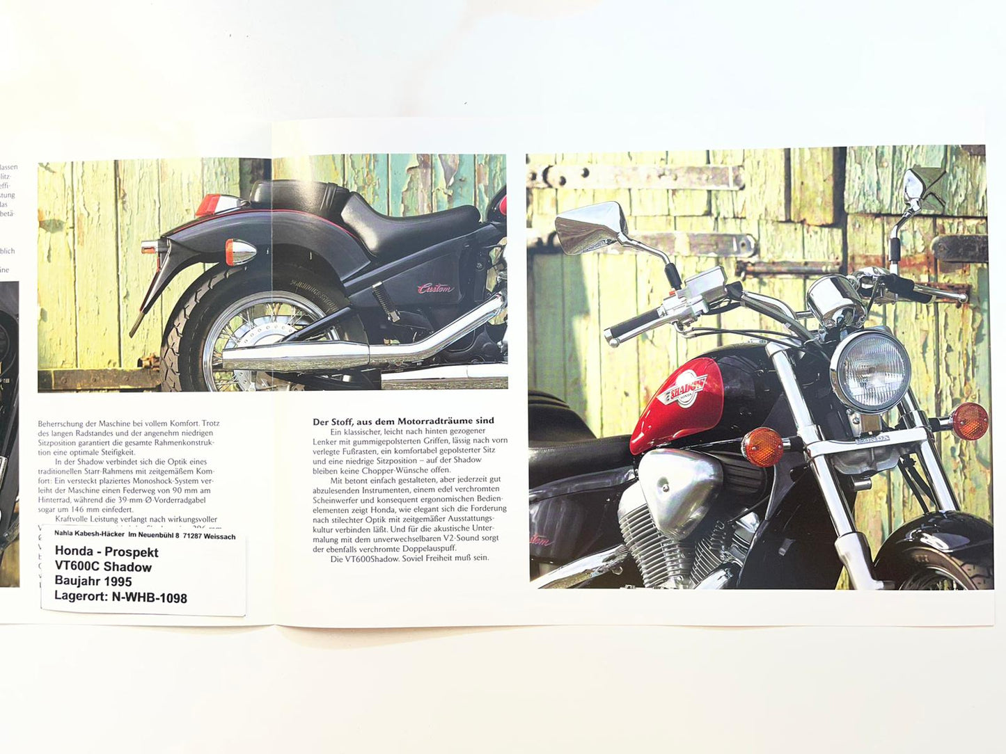 Prospekt Honda VT600C Shadow Bj. 1995 + Aufkleber